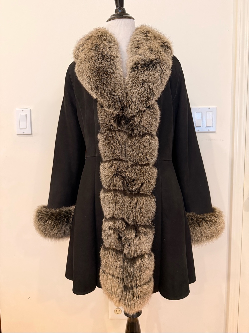 Black Lamb Shearling Coat with Fox Fur Trim